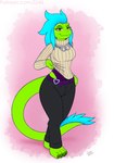 anthro bottomwear clothed clothing cuff_(restraint) female handcuffs jewelry looking_at_viewer metal_cuffs necklace restraints simple_background smile solo sweater tail topwear drxii niq_(tres) lizard reptile scalie digital_media_(artwork) hi_res