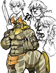 abs anthro blonde_hair bodily_fluids coolietf frontal_taur_genitals frontal_taur_penis genital_fluids genitals hair hi_res horn humanoid humanoid_to_taur lactating link lynel male male_lactation mammal nintendo nipples penis precum question_mark solo species_transformation taur the_legend_of_zelda transformation transformation_sequence weapon