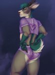 anthro antlers brown_antlers brown_body brown_fur brown_nose clothed clothing fur hair horn male panties purple_clothing purple_panties purple_topwear purple_underwear scut_tail short_tail simple_background solo standing tail tan_body tan_fur teal_body teal_eyes teal_fur teal_hair topwear underwear smogville deer mammal hi_res