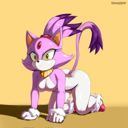 all_fours anthro breasts butt clothing dipstick_tail eyelashes female footwear forehead_gem fur gem glistening gloves handwear markings medium_breasts purple_body purple_fur shoes solo tail tail_markings white_body wide_hips yellow_eyes soranygyart sega sonic_the_hedgehog_(series) blaze_the_cat domestic_cat felid feline felis mammal 1:1 2025 hi_res