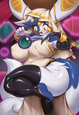 5_fingers anthro biped blue_body blue_fur blue_tail breasts clothed clothed_anthro clothed_female clothing female female_anthro fingers fur glistening glistening_body heterochromia humanoid_hands legwear multicolored_body multicolored_fur multicolored_tail nipple_outline on_one_leg open_mouth solo standing tail teeth thick_thighs thigh_highs white_body white_fur white_tail mleonheart nintendo pokemon generation_9_pokemon mega_evolution mega_meowstic pokemon_(species) hi_res
