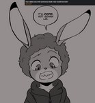 anthro ask_blog clothed clothing dialogue dipstick_ears ear_markings hair hoodie long_ears male multicolored_ears sharp_teeth solo speech_bubble teeth text topwear joaoppereiraus curious_cat joao_(joaoppereiraus) lagomorph leporid mammal rabbit 2021 absurd_res english_text hi_res monochrome