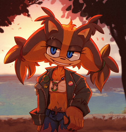 accessory anthro blue_eyes bottomwear breasts_tied brown_body brown_fur carabiner claws clothed clothing denim denim_bottomwear denim_clothing detailed_background female flame_pattern fur hair hair_accessory jacket jeans leather leather_clothing leather_jacket leather_topwear lesbian_pride_colors lgbt_pride looking_at_viewer orange_body orange_fur pants piercing pigtails pride_colors pube_peek pubes smile solo teeth tied_hair topwear shugariosa sega sonic_boom sonic_the_hedgehog_(series) sticks_the_jungle_badger badger mammal mustelid musteline absurd_res digital_media_(artwork) hi_res