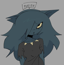 anthro blue_body blue_ears blue_fur blue_hair breasts clothed clothed_anthro clothed_female clothing collarbone dress eye_bags eyelashes female female_anthro front_view fur grey_background grey_clothing grey_dress hair hair_over_eye mouth_closed notched_ear one_eye_obstructed simple_background small_breasts solo speech_bubble text torn_clothing xarop77 catwitch_(xarop77) domestic_cat felid feline felis mammal 2025 digital_drawing_(artwork) digital_media_(artwork) half-length_portrait hi_res portrait