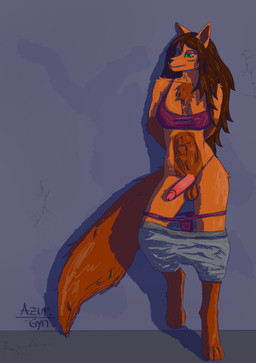 anthro balls bottomwear bra breasts brown_hair clothing curvy_figure digitigrade erection foreskin fur genitals glans green_eyes grey_bottomwear grey_clothing grey_pants gynomorph hair hands_behind_back humanoid_genitalia humanoid_penis intersex leaning_on_wall long_hair lowered_panties lowered_pants orange_body orange_fur panties pants penis purple_bra purple_clothing purple_panties purple_underwear retracted_foreskin simple_background solo tail underwear wall_(structure) azurgyn canid canine fox mammal digital_drawing_(artwork) digital_media_(artwork) hi_res signature