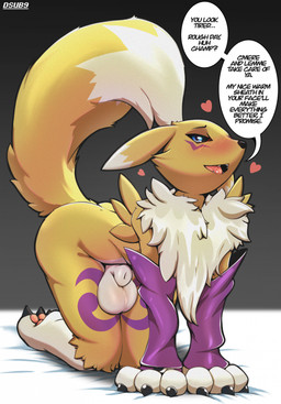 all_fours animal_genitalia anthro balls bedding bedding_background blush blush_lines chest_tuft fully_sheathed genitals heart_symbol inviting_viewer looking_at_viewer male penis raised_tail sheath solo speech_bubble tail talking_to_viewer text tuft conditional_dnp dsub9 bandai_namco digimon canid canine digimon_(species) fox fox_spirit mammal renamon english_text hi_res