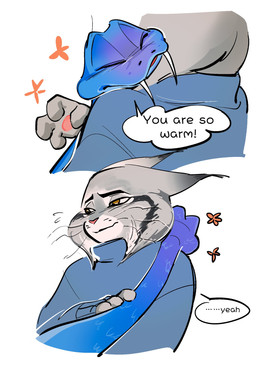 anthro blue_body blue_scales clothing dialogue duo fangs feral fur grey_body grey_fur hug male male/male scales simple_background sweater teeth text topwear dontstayuptooo1 disney zootopia gary_de'snake pawbert_lynxley canada_lynx felid feline lynx mammal pit_viper reptile scalie snake viper english_text hi_res