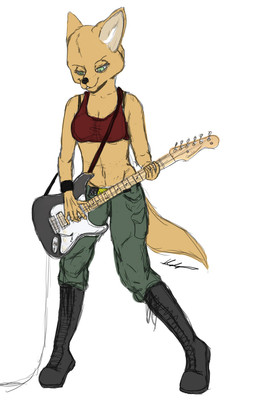 anthro big_ears boots bottomwear clothing electric_guitar female footwear green_eyes guitar musical_instrument pants playing_guitar playing_music plucked_string_instrument shoes simple_background solo string_instrument white_background spiritedqueen nintendo star_fox fara_phoenix canid canine fennec_fox fox mammal true_fox