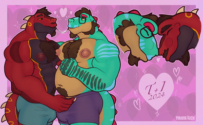 5_fingers anthro arm_markings belly biceps big_nipples biped blue_markings body_hair brown_body brown_hair bulge chest_hair claws clothing duo elbow_markings eyebrows eyewear facial_hair fingers glasses goatee green_body green_markings green_tail hair hand_markings heart_symbol holidays kissing love loving_gaze male male/male male_anthro markings musclegut muscular mustache navel nipples nuzzling overweight overweight_anthro overweight_male pink_background pink_nipples red_body red_eyebrows red_spikes romantic scale_markings scales shoulder_markings sideburns simple_background slightly_chubby slightly_chubby_anthro slightly_chubby_male sparkles spiked_tail spikes spikes_(anatomy) tail text toony_eyes triceps underwear yellow_eyes yellow_markings trick_rex valentine's_day imperion_drakon trick_rex_(character) dinosaur prehistoric_species reptile saurischian scalie theropod tyrannosaurid tyrannosauroid tyrannosaurus tyrannosaurus_rex 2026 absurd_res artist_name colored digital_drawing_(artwork) digital_media_(artwork) english_text hi_res huge_filesize signature