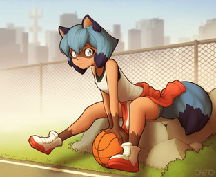 anthro ball basketball_(ball) basketball_court bottomwear city clothing dolphin_shorts female fence footwear jacket looking_at_viewer plantigrade shirt shoes shorts smile solo tank_top topwear ohemo brand_new_animal netflix studio_trigger michiru_kagemori canid canine mammal raccoon_dog tanuki 2021 hi_res