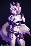 anthro bottomwear clothing cosplay ear_piercing ear_ring female fingerless_gloves fur gloves handwear piercing ring_piercing shorts simple_background solo tail text kunstwaffe honkai:_star_rail mihoyo silver_wolf_(honkai:_star_rail) canid canine canis mammal wolf 2023 artist_name hi_res