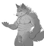 abs anthro balls biceps casual_nudity deltoids flaccid genitals humanoid_genitalia humanoid_hands humanoid_penis male manly muscular muscular_anthro muscular_male navel nipples nude pecs penis scar simple_background solo standing tail cuson canid canine canis mammal wolf hi_res monochrome