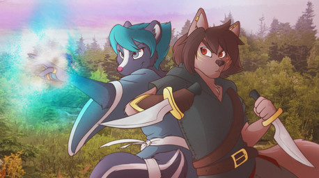 anthro black_body black_fur blue_eyebrows blue_eyes blue_hair brown_eyebrows brown_hair clothed clothing dagger digit_ring duo ear_piercing eyebrows fantasy female fur hair holding_dagger holding_melee_weapon holding_object holding_weapon jewelry magic magic_user male melee_weapon outside piercing pink_nose plant red_eyes sky tree weapon white_body white_fur snow_pear spider_bones canid canine canis mammal mephitid skunk wolf 2022 absurd_res artist_collaboration digital_media_(artwork) hi_res shaded
