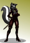 anthro big_breasts biped black_hair boots breasts cleavage clothed clothing female footwear green_eyes hair high_heeled_boots high_heels jewelry knee_boots knee_highs leather leggings legwear long_hair looking_at_viewer melee_weapon necklace ring shoes solo sword weapon wonderduck morgan_(flatrabbit) mammal mephitid skunk striped_skunk