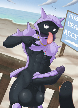 5_fingers abs anthro anthrofied athletic athletic_anthro athletic_male balls beach big_balls big_penis big_tongue biped black_arms black_balls black_face black_fingers black_hands black_penis blue_sky cloud erection featureless_chest fence fingers genitals gesture glans glistening glistening_balls glistening_genitalia hand_gesture hand_on_own_penis hand_on_penis huge_balls huge_penis humanoid_hands hyper hyper_balls hyper_genitalia jewelry looking_at_viewer male multicolored_penis necklace nude nude_anthro nude_male outside penis pink_tongue pokemorph posing_for_picture purple_arms purple_body purple_chest purple_glans purple_penis sand sea seaside skateboard sky solo standing text tongue tongue_out two_tone_penis v_sign vehicle water white_clouds wood wood_fence pique_raj nintendo pokemon aquatic bivalve generation_1_pokemon mollusk pokemon_(species) shellder 2025 digital_drawing_(artwork) digital_media_(artwork) english_text hi_res