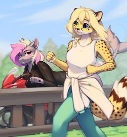 anthro blonde_hair driving duo female female/female hair heterochromia motorcycle multicolored_hair pink_eyes running smile vehicle alphadesu sena_ryan aquatic cheetah felid feline fish mammal mixed_breed shark hi_res story story_in_description