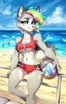 anthro beach bikini bikini_shorts blue_eyes breasts clothing day detailed_background eyebrows eyelashes female midriff navel outside sand seaside shoreline sky solo swimwear two-piece_swimsuit under_boob water zipper zipper_bikini zipper_pull_tab longdanger canid canine canis domestic_dog mammal shikoku_ken spitz 2020 digital_media_(artwork) hi_res