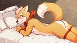 anthro bdsm bed bedroom belly blush bondage bound butt canine_nose ears_back fangs fist frown fur furniture green_eyes hair hands_tied inner_ear_fluff kerchief kerchief_only legs_tied looking_at_viewer lying male mostly_nude neckerchief neckerchief_only neckwear nipples nude on_front pillow pivoted_ears raised_tail red_kerchief red_neckerchief restraints rope rope_bondage side_view slim_male solo submissive submissive_male tail tan_belly tan_hair teeth text tuft waiting whisker_spots whiskers yellow_body yellow_fur ventkazemaru nintendo star_fox fox_mccloud canid canine fox mammal 2025 artist_name dated hi_res watermark