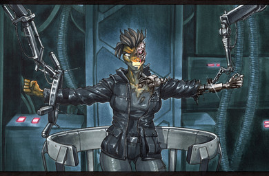 anthro biped black_bottomwear black_clothing black_jacket black_pants black_shirt black_topwear bottomwear breasts clothing cybernetics detailed_background exposed_endoskeleton feather_hair feathers female jacket machine non-mammal_breasts pants pseudo_hair scales shirt solo topwear yellow_body yellow_scales ewgengster microsoft terminator_(franchise) the_elder_scrolls argonian cyborg scalie t-800_series_(terminator) terminators_(terminator) 2025 absurd_res crossover hi_res traditional_media_(artwork)