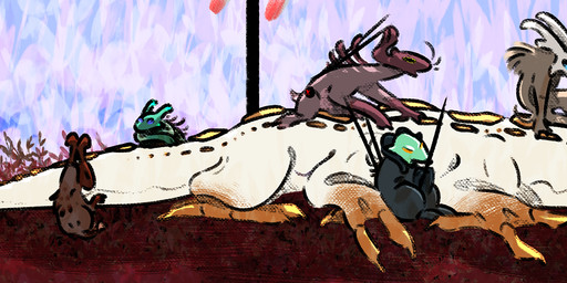 6_legs ambiguous_gender antlers black_body blue_eyes bomb brown_body claws explosives eyes_closed feral frill_(anatomy) green_body group horn long_tail lying mask melee_weapon orange_eyes polearm simple_background sitting sitting_on_back size_difference spear tail weapon whiskers white_body yellow_eyes kayw2324 rain_world videocult caramel_lizard_(rain_world) lizard_(rain_world) scavenger_(rain_world) hi_res