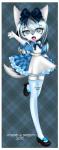 accessory anthro blue_body blue_eyes blue_fur blue_hair border bow_(feature) bow_accessory bow_ribbon clothed clothing dress female fur hair hair_accessory hair_bow hair_ribbon legwear markings multicolored_hair open_mouth ribbons solo stockings tongue white_body white_border white_fur white_hair ryusei_(artist) sheepy zhai_kovac canid canine fox mammal 2015 hi_res