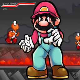 black_eyes black_hair button_(fastener) clothing facial_hair footwear gameplay_mechanics gloves gui hair handwear hat headgear headwear health_bar human_focus lava male mustache overalls shell shoes walking pixelitalian mario_bros mario_combat nintendo mario human koopa koopa_troopa mammal reptile scalie turtle 1:1