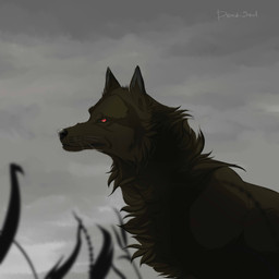 ambiguous_gender black_nose black_sclera brown_body brown_fur cheek_tuft facial_tuft feral fur mouth_closed neck_tuft outside red_eyes side_view solo tuft whiskers msdeadsoul canid canine mammal 1:1 absurd_res hi_res signature