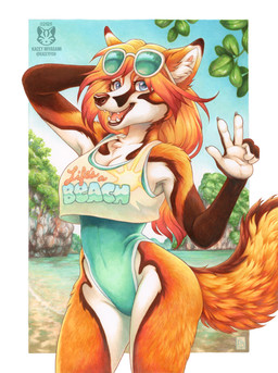 anthro biped blue_eyes border breasts chest_tuft claws cleavage clothed clothed_anthro clothed_female clothing countershade_torso countershading day detailed_background eyewear eyewear_on_head female fingers front_view fur gesture glasses hair hand_behind_head hand_gesture inner_ear_fluff looking_at_viewer multicolored_body multicolored_fur navel one-piece_swimsuit open_mouth open_smile outside sky smile solo standing sunglasses sunglasses_on_head swimwear tail teeth tongue tuft wearing_sunglasses white_border kacey canid canine fox mammal 2026 digital_drawing_(artwork) digital_media_(artwork) hi_res