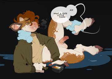 animal_genitalia anthro asphyxiation balls bottomless brown_body brown_fur brown_hair choking clothed clothing cloven_hooves dialogue disembodied_hand duo ear_piercing fur genitals ghost_hand hair hooves horn humanoid_genitalia humanoid_penis hybrid_genitalia hybrid_penis industrial_piercing jacket leg_grab lying male on_side open_clothing open_jacket open_topwear partially_clothed penis piercing sheath sheathed_humanoid_penis shirt smile speech_bubble text topwear fenzole_(artist) dallas_(gingersnaps) deer ghost mammal spirit english_text hi_res
