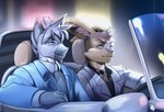 anthro black_eyebrows black_nose black_tie_(suit) blue_clothing blue_suit blurred_background brown_body brown_fur brown_hair car chair clothing countershade_face countershade_neck countershading driving duo eyebrows fluffy_ears fur furniture grey_body grey_fur grey_hair hair humanoid_hands leaning lights long_hair looking_away male necktie pointy_ears prick_ears reflection riding short_hair sitting sitting_in_car smile snout steering_wheel suit vehicle white_body white_car white_clothing white_fur white_hair white_suit windshield yellow_eyes krazyelf noah_the_zebra ryland_the_hare equid equine lagomorph leporid mammal rabbit zebra 2023 hi_res