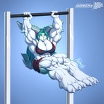 3_toes anthro big_breasts big_muscles blue_eyes breasts exercise feet female flexing fur green_hair green_spots hair huge_muscles hyper hyper_muscles muscular muscular_female plantigrade pull-up_(exercise) solo spots toes white_body white_fur agonwolfe lagomorph leporid mammal rabbit