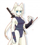 5_fingers anthro bare_shoulders blood blood_on_weapon blue_clothing blue_eyes bodily_fluids breasts claws clothed clothed_anthro clothed_female clothing female female_anthro finger_claws fingers fur hair kemono long_hair looking_at_viewer melee_weapon mouth_closed ninja orange_outline outline pink_nose ponytail ribbons side_boob simple_background solo standing sword tail warrior weapon whiskers white_background white_body white_fur white_hair kemonon domestic_cat felid feline felis mammal 2009 portrait three-quarter_portrait