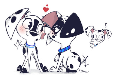 black_body black_fur black_nose black_paws black_spots blue_collar blush blush_lines cheek_lick collar dolly_imitating_diesel face_lick female feral floppy_ears freckled_face freckles fur heart_symbol heterochromatic_ears leg_markings licking markings pink_inner_ear socks_(marking) spots spotted_body spotted_fur tail tail_motion tailwag tongue white_body white_fur white_spots dauddalmata 101_dalmatian_street 101_dalmatians disney dee_dee_(101_dalmatians) dizzy_(101_dalmatians) dolly_(101_dalmatians) canid canine canis dalmatian domestic_dog mammal hi_res incest_(lore) sibling_(lore) sister_(lore) sisters_(lore)