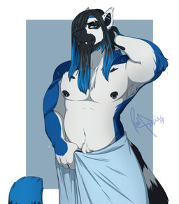 anthro hair hair_over_eye long_hair looking_at_viewer male nipple_piercing nipples one_eye_obstructed piercing solo standing towel redpixie lune_(lunecatta) lemur mammal primate ring-tailed_lemur strepsirrhine hi_res