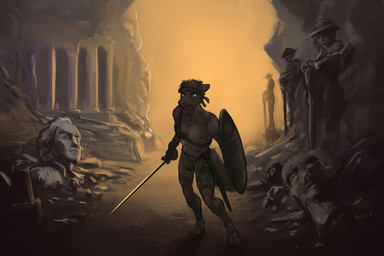 abs accessory angry anthro athletic bandage battle biped bodily_fluids boss bottomwear bulge clothed clothing headband loincloth melee_weapon muscular muscular_anthro pecs pillar ruins scabbard sculpture shield skimpy solo statue suggestive sweat sword topless warrior weapon yelling marsonaut canid canine canis mammal wolf 3:2 story story_in_description
