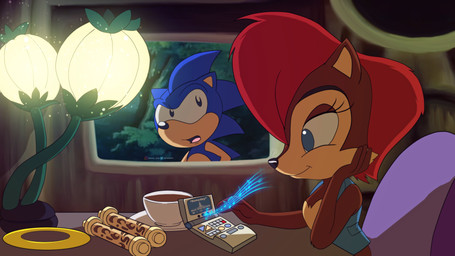 anthro beverage blue_body blue_eyes breasts canon_couple chair cheek_tuft computer container cup duo electronics eyelashes facial_tuft featureless_breasts female furniture hair lights male male/female night on_model playing_music pointy_ears prick_ears quills_(anatomy) red_hair sitting smile snout table tea tuft theoriginalmistajonz classic_sonic_(universe) dic_entertainment sega sonic_the_hedgehog_(satam) sonic_the_hedgehog_(series) classic_sonic nicole_(computer) sally_acorn sally_acorn_(satam) sonic_the_hedgehog chipmunk eulipotyphlan european_hedgehog ground_squirrel hedgehog hybrid mammal rodent sciurid tree_squirrel 16:9 absurd_res hi_res signature widescreen young_(lore)