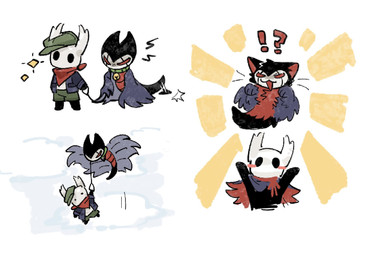 2_horns ambiguous_gender annoyed anthro biped black_body black_eyes black_fur clothed clothing duo empty_eyes exclamation_point flying fur handkerchief hat headgear headwear horn kerchief motion_lines open_mouth paws question_mark red_body red_eyes red_fur sparkles standing wings aaasakawa hollow_knight_(franchise) team_cherry grimmchild_(hollow_knight) the_knight_(hollow_knight) arthropod felid feline mammal vessel_(species) 2026 hi_res