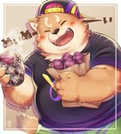 anthro belly brown_body brown_fur clothing cute_fangs eyes_closed fangs fur hat headgear headwear humanoid_hands kemono male overweight overweight_male shirt solo teeth text topwear hinami canid canine canis domestic_dog mammal 2021 japanese_text