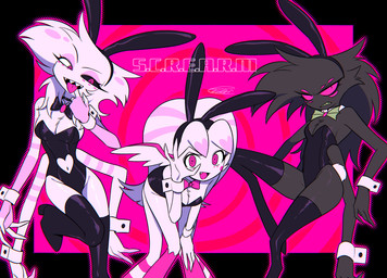 4_arms boots bunny_costume clothing costume crossgender fake_ears fake_rabbit_ears feathered_wings feathers female footwear group halo high_heeled_boots high_heels legwear mtf_crossgender multi_arm multi_eye multi_limb shoes thigh_boots thigh_highs tongue tongue_out trio wings enaic31 dyes_iwasaki hazbin_hotel hellaverse angel_dust arackniss_(hazbin_hotel) molly_(hazbin_hotel) angel arachnid arthropod demon humanoid spider hi_res redraw sibling_(lore) sister_(lore) sisters_(lore)