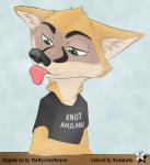 anthro fur green_eyes licking male simple_background solo text tongue tongue_out thewyvernsweaver wodahseht disney zootopia fan_character william_f'talis canid canine fox mammal swift_fox true_fox 2017 absurd_res colored digital_media_(artwork) english_text hi_res