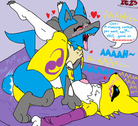 3_fingers ambiguous_fluids anthro areola arm_tuft ball balls bed bedroom bedroom_sex belly bent_legs big_balls big_breasts big_butt black_body black_fur black_sclera blue_balls blue_body blue_fur blush blush_lines bodily_fluids bouncing_balls breasts breath bridal butt cheek_tuft claws clothed clothed/nude clothing countershade_torso countershading curvy_figure dialogue double_tomoe duo ejaculation exhausted eyebrows eyelashes facial_tuft fangs female fingers from_front_position fur furniture genital_fluids genitals heart_(marking) heart_eyes heart_symbol inside kneeling kneeling_sex legs_up long_ears long_tail looking_pleasured looking_up lying lying_on_bed male male/female male_on_top markings mating_press moan motion_blur motion_lines neck_tuft nipples nude on_back on_bed on_top onomatopoeia open_mouth orgasm penetration pink_areola pink_nipples plap purple_body red_eyes romantic romantic_ambiance romantic_sex rough_sex saliva sex sex_on_bed shoulder_tuft simple_background size_difference sound_effects speech_bubble spikes spikes_(anatomy) spread_legs spreading steam steamy_breath tail tan_body tan_fur teeth text thick_thighs tilde_after_text tomoe_(symbol) tongue tongue_out tuft vaginal vaginal_fluids vaginal_penetration vaginal_squirting white_body white_countershading white_fur wide_hips yellow_body yellow_fur ltd911 bandai_namco digimon nintendo pokemon digimon_(species) generation_4_pokemon lucario pokemon_(species) renamon crossover english_text flat_colors hi_res