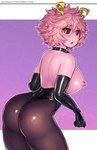 armwear big_breasts breasts butt clothing elbow_gloves female gloves hair handwear horn latex looking_at_viewer looking_back looking_back_at_viewer nipples not_furry pink_hair solo saltydanshark my_hero_academia ashido_mina horned_humanoid humanoid