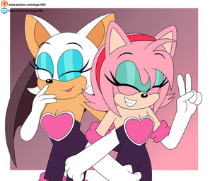 anthro blue_eyelids clothing duo female gesture gloves hand_gesture handwear one_eye_closed v_sign wink eagc7 sega sonic_the_hedgehog_(series) amy_rose rouge_the_bat bat eulipotyphlan hedgehog mammal