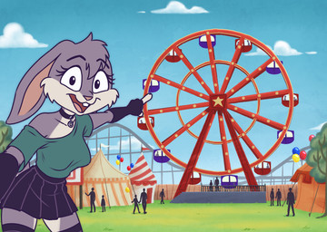 amusement_park amusement_ride anthro background_focus balloon blue_sky bottomwear cheek_tuft clothed clothing cloud collar crowd day depth_of_field facial_tuft female ferris_wheel field fingerless_gloves fur gesture gloves grass grey_body grey_fur group hand_gesture handwear inflatable inner_ear_fluff jewelry legwear long_ears necklace open_mouth outside perspective plant pointing purple_body purple_fur scenic_view shirt short_fur silhouette skirt sky smile solo structure t-shirt tail tent thigh_highs topwear tree tuft visible_tail white_body white_fur bearyboo violet_bunny lagomorph leporid mammal rabbit absurd_res digital_media_(artwork) hi_res meme