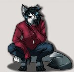 accessory anthro black_hair bottomwear clothing denim denim_bottomwear denim_clothing dog_tags grey_eyes hair jeans jewelry kneeling looking_at_viewer male necklace pants simple_background solo sweater topwear corkiicorgii asher_veil_(character) domestic_cat felid feline felis mammal siamese 2020