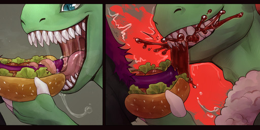 anthro black_border blood blood_from_penis bodily_fluids border cock_and_ball_torture cock_dog duo eating eating_flesh ejaculation food genital_mutilation genital_torture genitals gore gore_focus hot_dog long_tongue male male/male mutilation open_mouth penectomy penis salad sharp_teeth teeth tongue xxxxs_kitchen oskar_(2ndvoice) bovid caprine hybrid lizard mammal reptile scalie sheep absurd_res hi_res