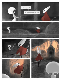 anthro biped black_body black_eyes cave climbing cloak clothing corpse death detailed_background dialogue duo empty_eyes female female_anthro female_humanoid fight hornet's_needle mouthless narrowed_eyes red_cloak red_clothing slashing speech_bubble talking_to_another text walking white_body white_eyes darkdog hollow_knight:_silksong hollow_knight_(franchise) team_cherry hornet_(hollow_knight) lace_(hollow_knight:_silksong) arthropod gloomsac humanoid 2025 absurd_res comic digital_drawing_(artwork) digital_media_(artwork) english_text hi_res