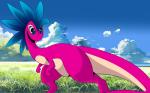 blep cloud eyelashes feathers feral grass hill plant solo tongue tongue_out white_crest_(artist) cresty_(white_crest) crestysaurus dinosaur feathered_dinosaur feathered_scalie prehistoric_species reptile scalie theropod 16:10 2019 hi_res widescreen