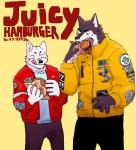 anthro bodily_fluids burger clothed clothing duo food fur jackets licking licking_lips male shirt simple_background sweat sweatdrop tongue tongue_out topwear nomifuki kuro_(nomifuki) shiro_(nomifuki) canid canine canis domestic_dog mammal hi_res