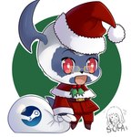 anthro bag blue_body blue_skin clothing costume curved_horn eyewear facial_hair glasses hair horn male open_mouth red_eyes santa_costume simple_background solo white_hair sopa-chan nintendo padoru pokemon steam_(software) valve mash_(character) absol generation_3_pokemon pokemon_(species) absurd_res digital_media_(artwork) hi_res watermark